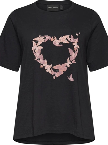 Studio - Bella T-shirt, Sort m/rosa sommerfugle